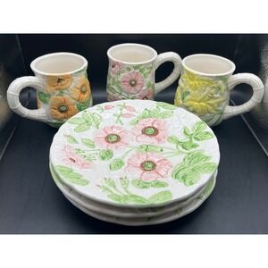 Shafford Fleurs du Jour Set of 6 Ceramic Mug Plate Set Floral Pink Yellow Flower